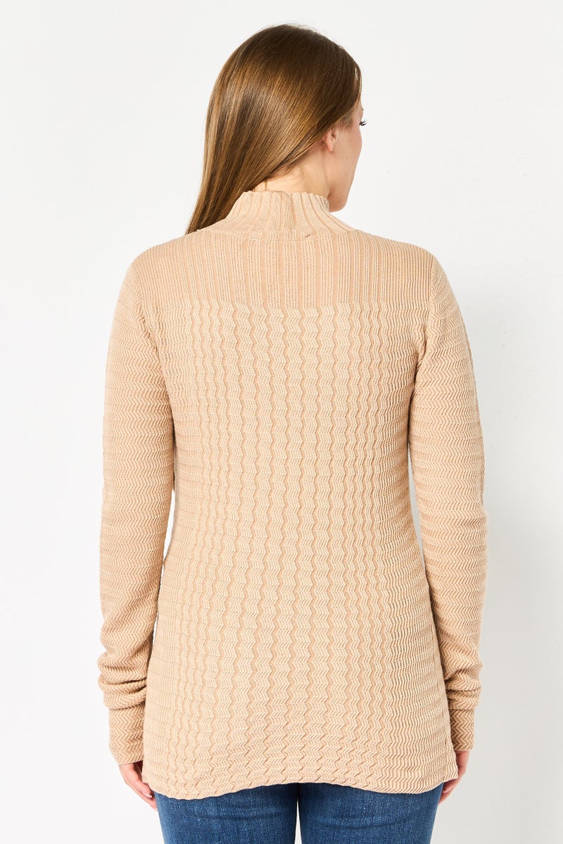 LACOSTE Women Mock Neck Brand Logo Sweater, Beige - Image 3