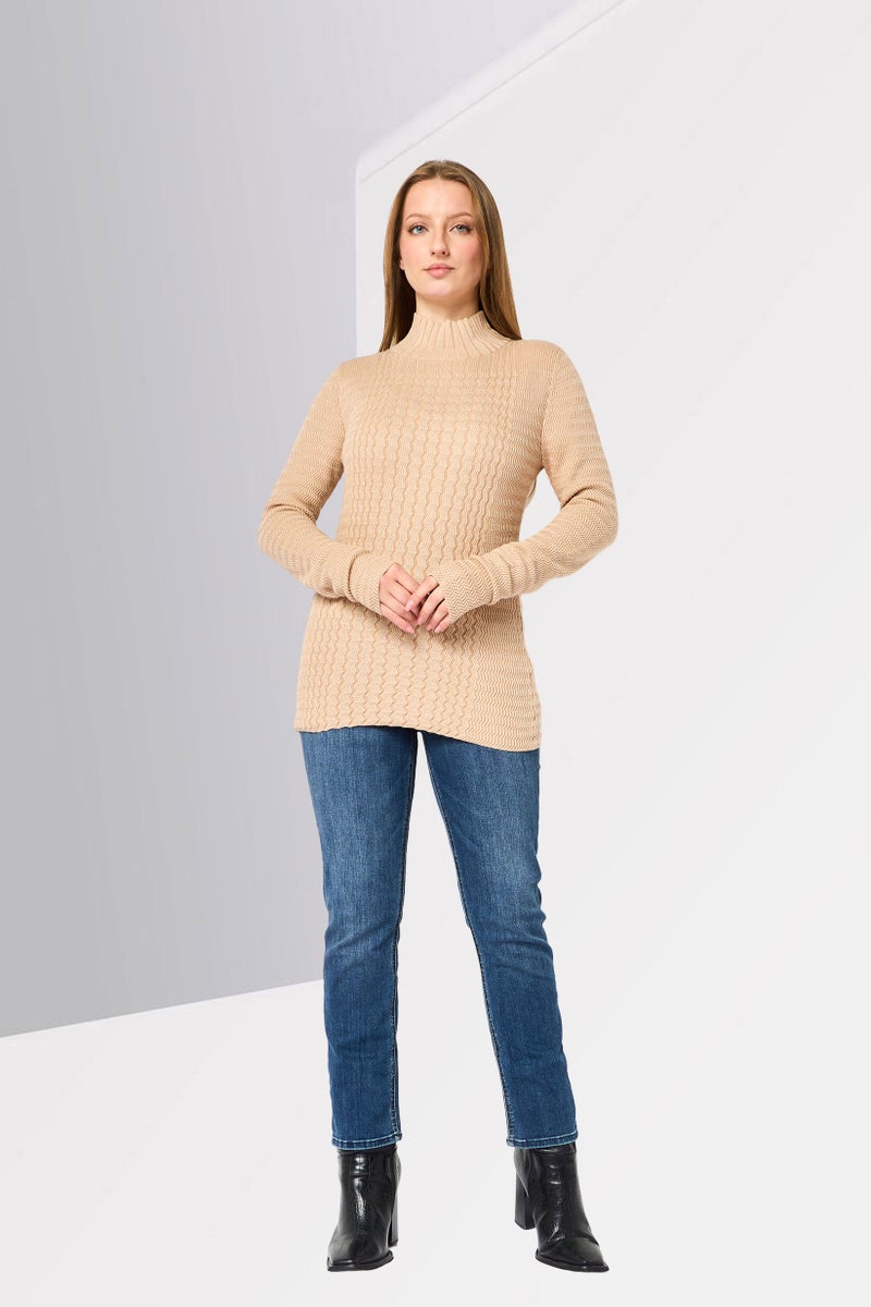 LACOSTE Women Mock Neck Brand Logo Sweater, Beige - Image 2