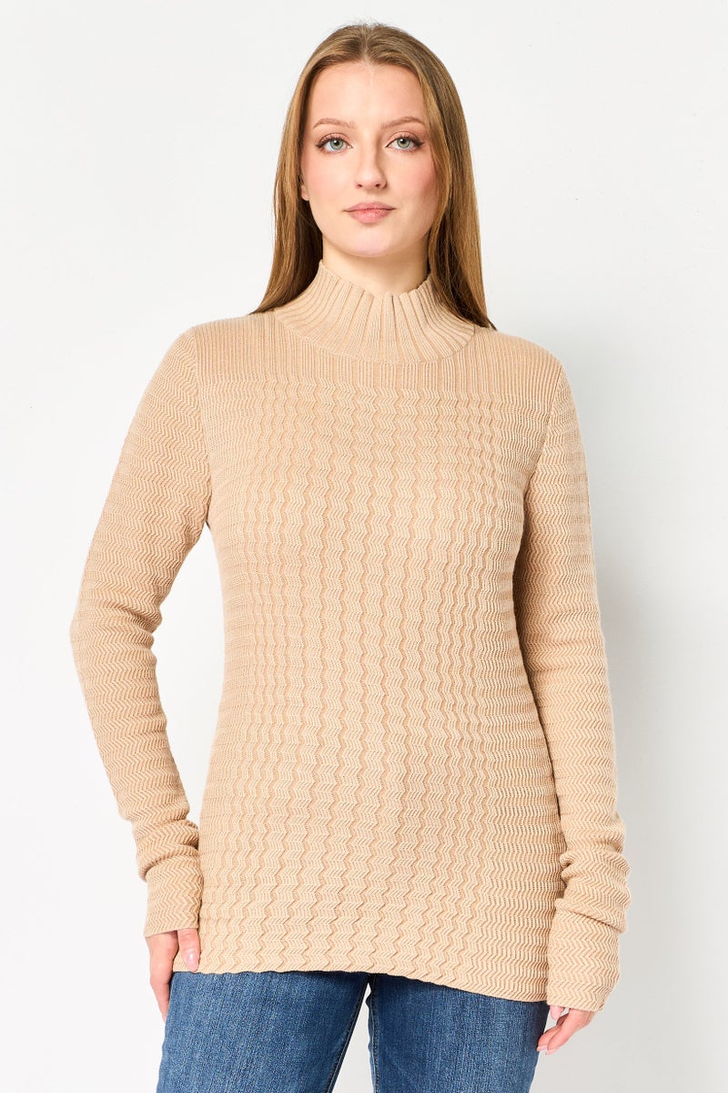 LACOSTE Women Mock Neck Brand Logo Sweater, Beige - Image 1
