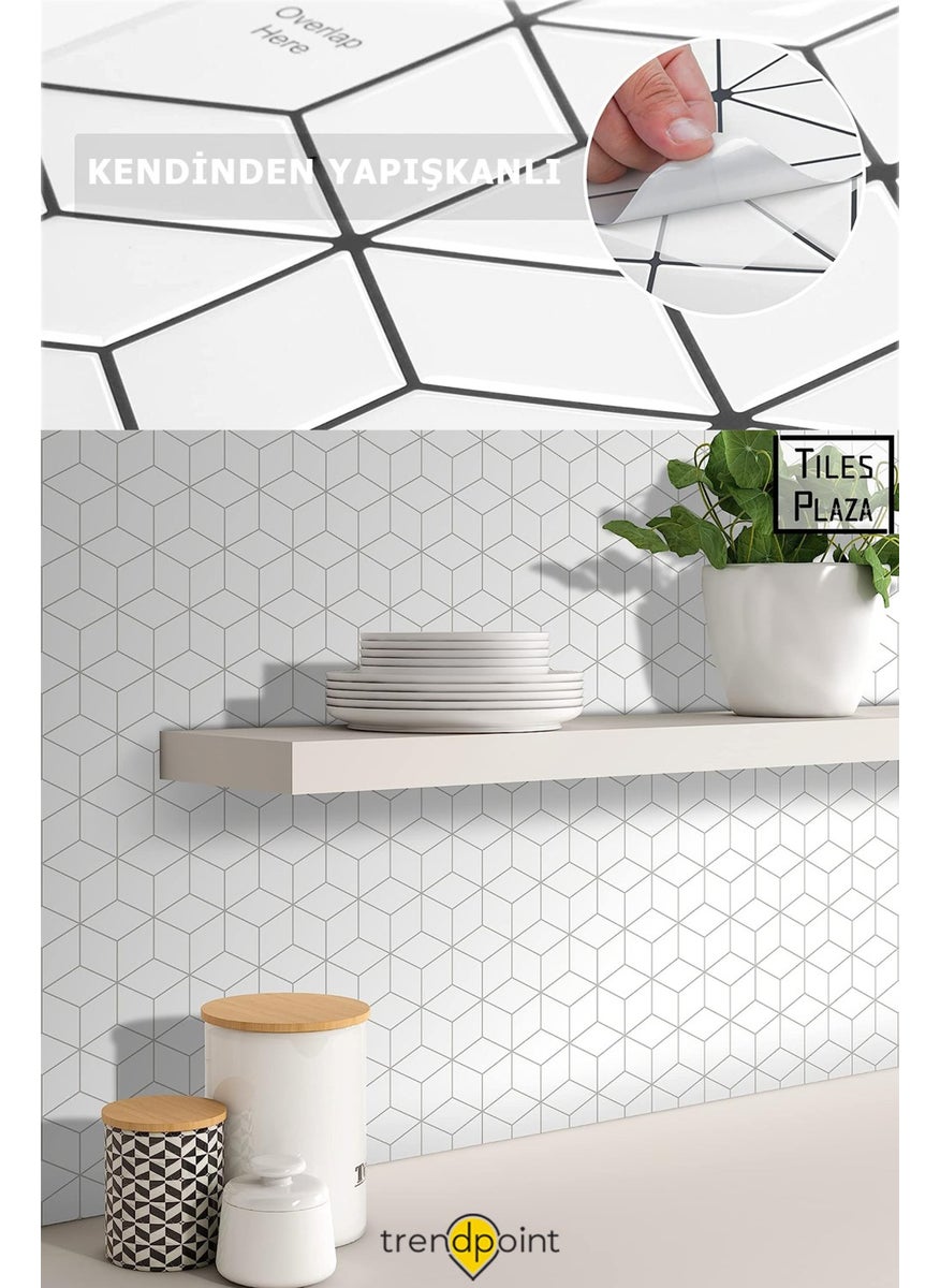 Trendpoint 3D 30×30CM سطح مطبخ مغلف بـ PVC لاصق ذاتي بتصميم هرمي باللون الأبيض  - Image 4