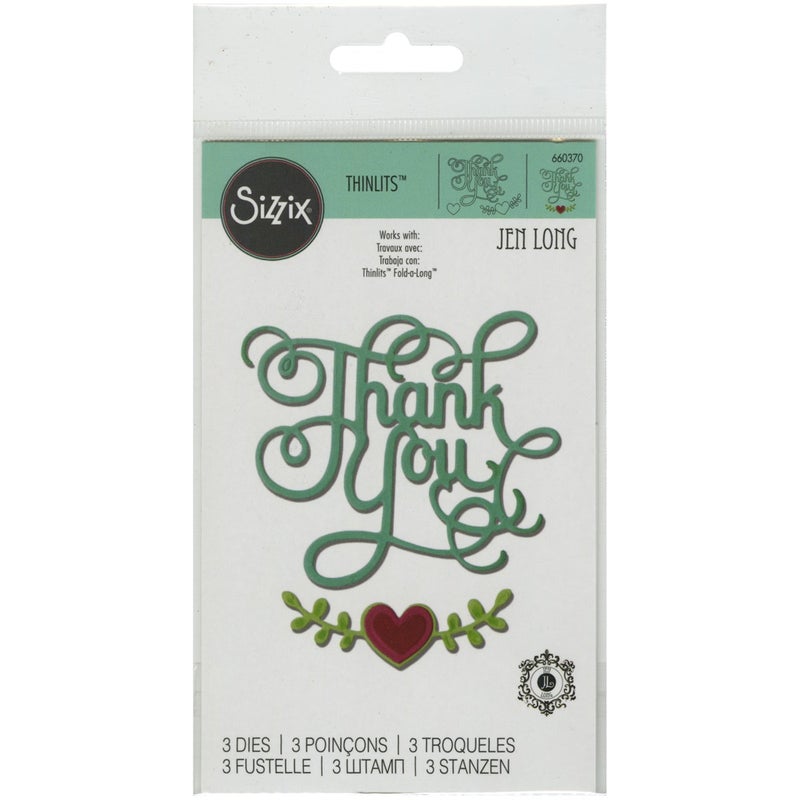 Sizzix 660370 Thinlits Die Set Phrase Thank You with Hearts by Jen Long 3 Pack
