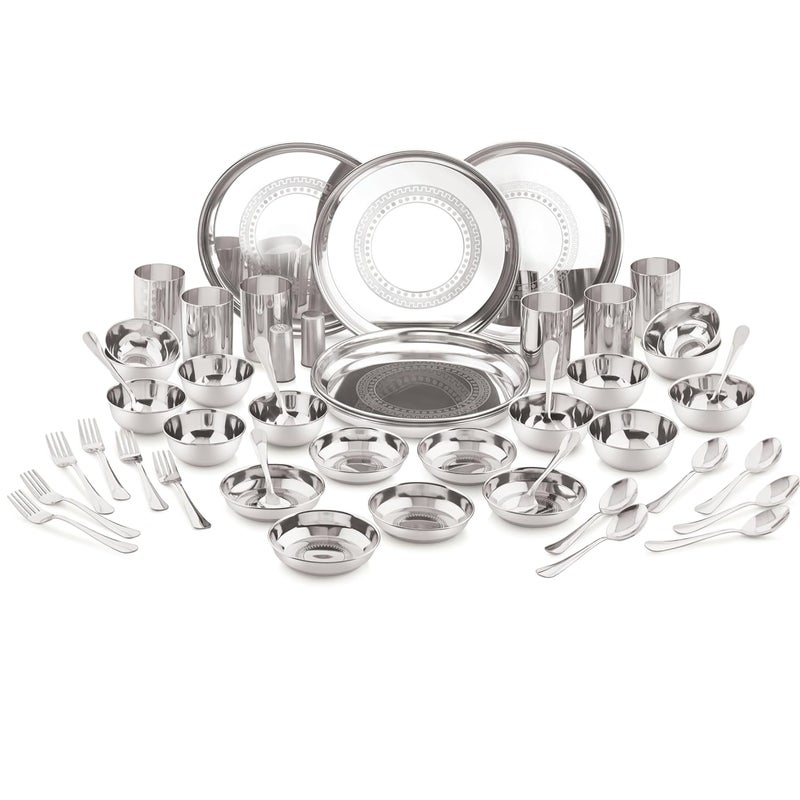 Estoile ESTOILE 50Pcs Ring Design Stainless Steel Dinner Set for 6 Includes 6 Plates 6 Vati Small 6 Vati Big 6 Halwa Plates 4 Glasses 12 Spoons 6 Forks 1 Salt and 1 Pepper Gifting Daily use  - Image 1