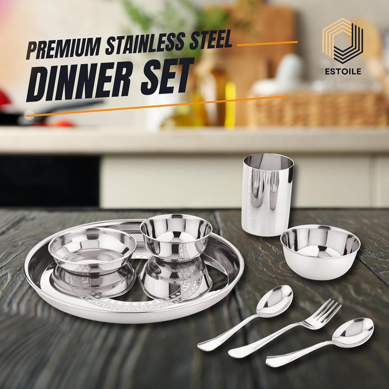 Estoile ESTOILE 50Pcs Ring Design Stainless Steel Dinner Set for 6 Includes 6 Plates 6 Vati Small 6 Vati Big 6 Halwa Plates 4 Glasses 12 Spoons 6 Forks 1 Salt and 1 Pepper Gifting Daily use  - Image 5
