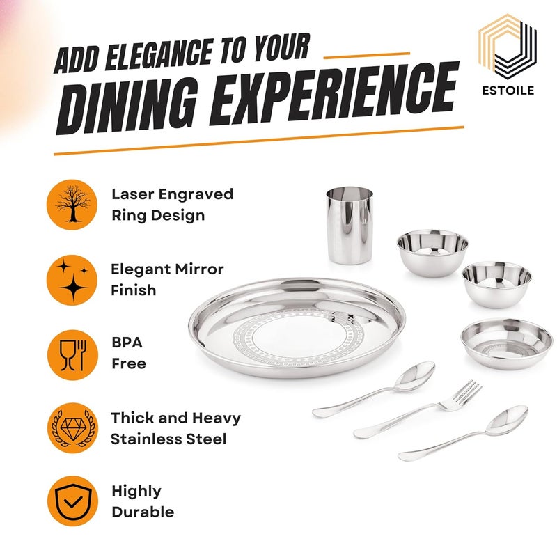 Estoile ESTOILE 50Pcs Ring Design Stainless Steel Dinner Set for 6 Includes 6 Plates 6 Vati Small 6 Vati Big 6 Halwa Plates 4 Glasses 12 Spoons 6 Forks 1 Salt and 1 Pepper Gifting Daily use  - Image 4
