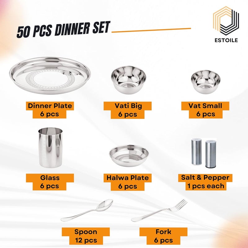 Estoile ESTOILE 50Pcs Ring Design Stainless Steel Dinner Set for 6 Includes 6 Plates 6 Vati Small 6 Vati Big 6 Halwa Plates 4 Glasses 12 Spoons 6 Forks 1 Salt and 1 Pepper Gifting Daily use  - Image 3