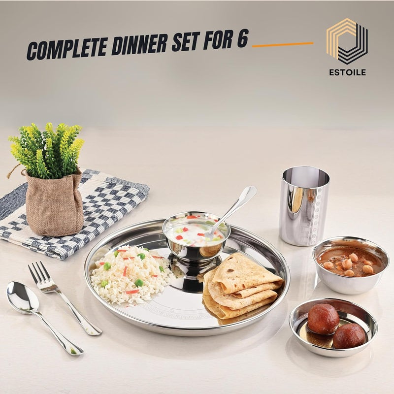 Estoile ESTOILE 50Pcs Ring Design Stainless Steel Dinner Set for 6 Includes 6 Plates 6 Vati Small 6 Vati Big 6 Halwa Plates 4 Glasses 12 Spoons 6 Forks 1 Salt and 1 Pepper Gifting Daily use  - Image 2