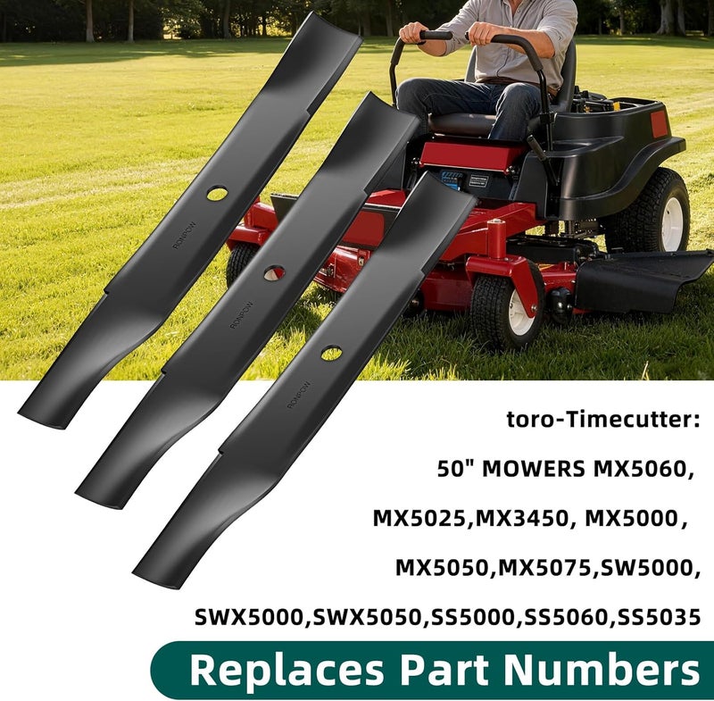 RONPOW 50 Inch Lawn Mower Blade, Compatible with Toro, timecutter SS5000, MX5060, 115-5059-03, 79016P, High Lift Mulching Blade for 50 inch Mowers, Replaces OEM 110-6837-03, 112-9759-03, 3 Pack - Image 2