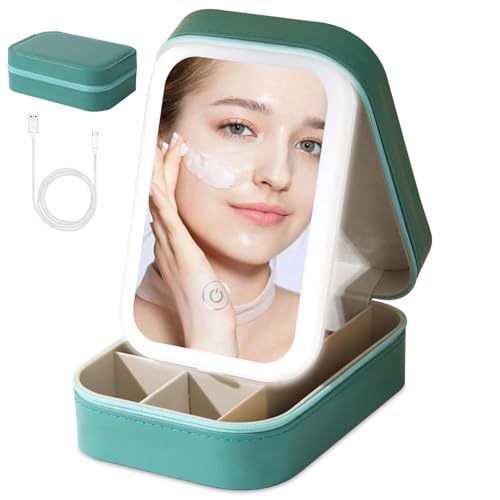 VVRAT V-VRAT LED Makeup Box with Adjustable Light-Up Mirror, 3 Color Light Settings, Dust-Proof Cosmetic Case, Jewelry Organizer and Multi-Compartment Storage Box for Women (Green) - Image 1