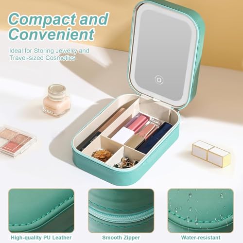 VVRAT V-VRAT LED Makeup Box with Adjustable Light-Up Mirror, 3 Color Light Settings, Dust-Proof Cosmetic Case, Jewelry Organizer and Multi-Compartment Storage Box for Women (Green) - Image 2