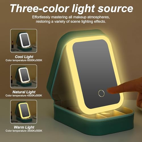 VVRAT V-VRAT LED Makeup Box with Adjustable Light-Up Mirror, 3 Color Light Settings, Dust-Proof Cosmetic Case, Jewelry Organizer and Multi-Compartment Storage Box for Women (Green) - Image 4