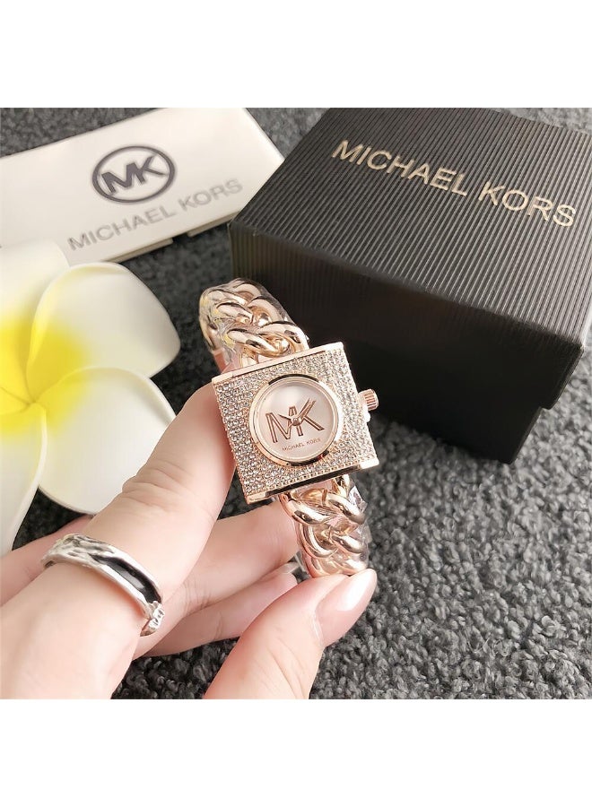 ام كي Michael Kors Women's Rose Gold - Tone Watch with Crystal - Encrusted Square Case and Chunky Chain Bracelet