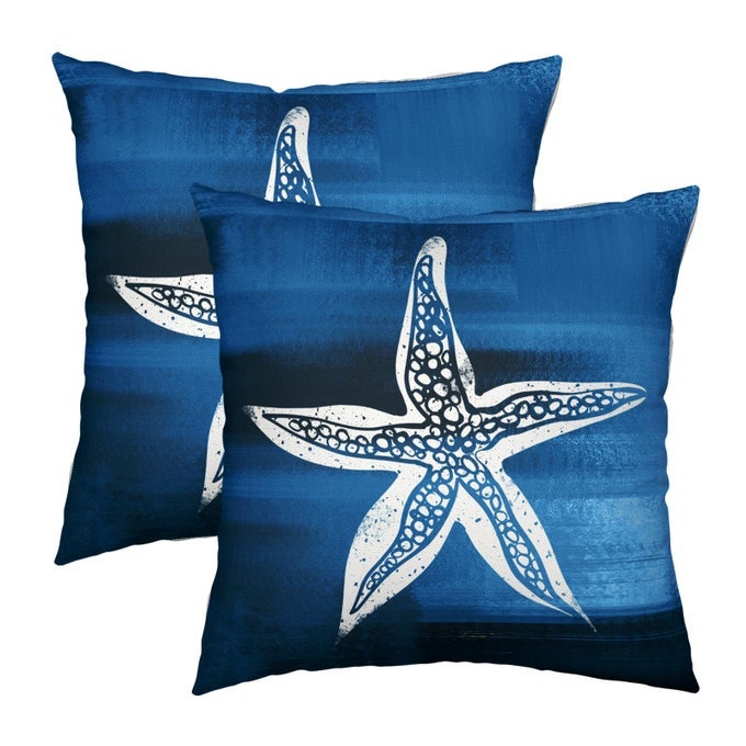 NAUTICAL STARFISH THROW PILLOW COVERS 18X18 INCH COASTAL BEACH THEMED DECORATIVE PILLOWS CASES SET OF 2 SUMMER OCEAN SEA LIFE BLUE LINEN PILLOWCASE FOR OUTDOOR COUCH PATIO LIVING ROOM