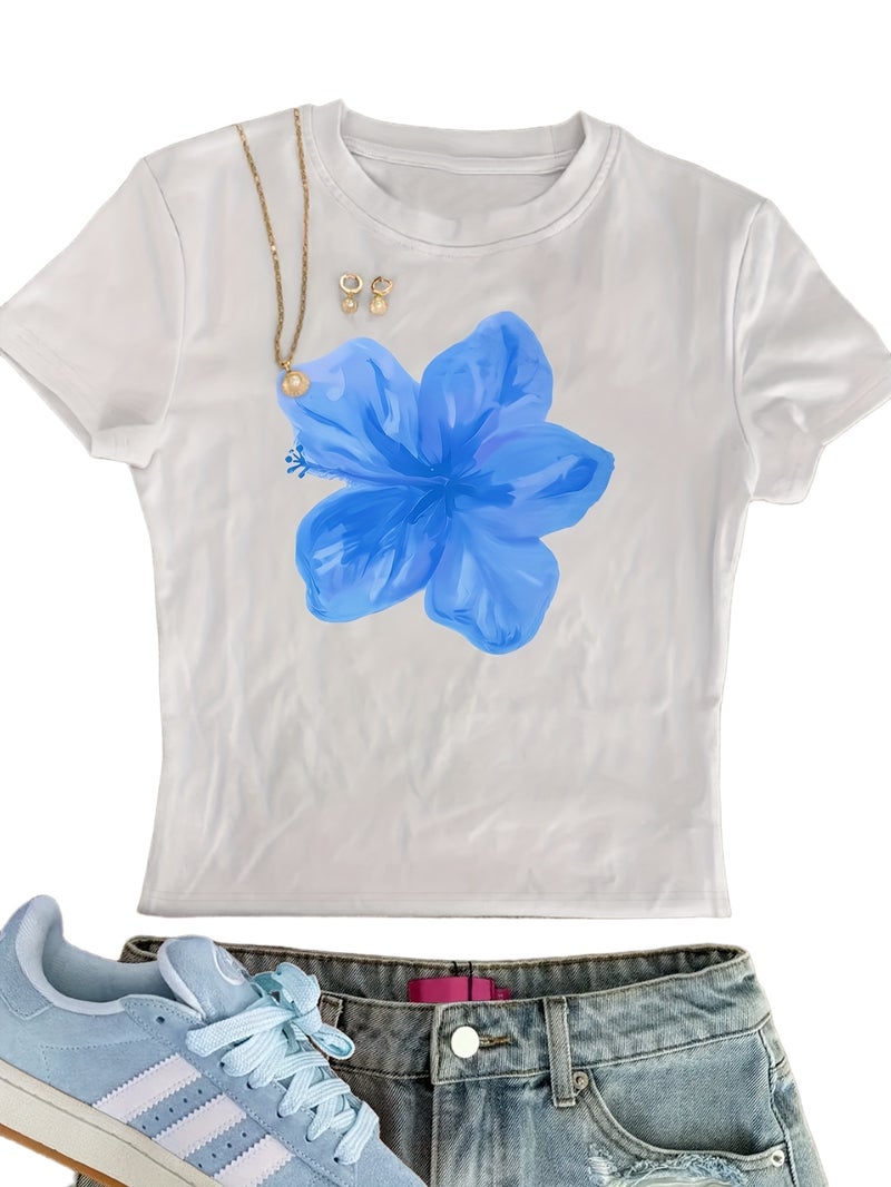 00008 - Women'S Tight Top Hibiscus Floral Print Pure Desire Korean Y2K Summer Round Neck Short Sleeve T - Shirt, Women'S Clothing QHH1315 - White 3 / XS - Image 1