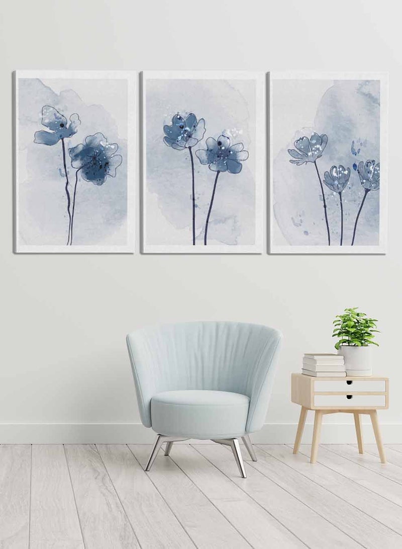 لوحة طقم من ٣ لوحات كانفاس على إطار خشبي، تصميم زهور مرسومة بالألوان المائية، للمنزل، غرفة المعيشة، المكتب، الديكور - Image 2