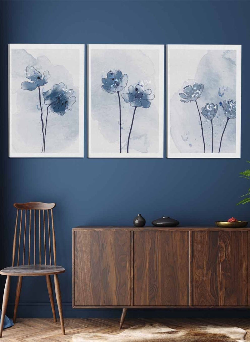 لوحة طقم من ٣ لوحات كانفاس على إطار خشبي، تصميم زهور مرسومة بالألوان المائية، للمنزل، غرفة المعيشة، المكتب، الديكور - Image 1