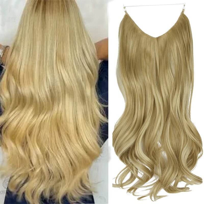 OMGREAT Hair Extensions with Invisible Transparent Wire Curly Wavy Hidden Secret Hairpiece for Women 20 Inch 4.4 Oz - Ash Blonde Mix Bleach Blonde