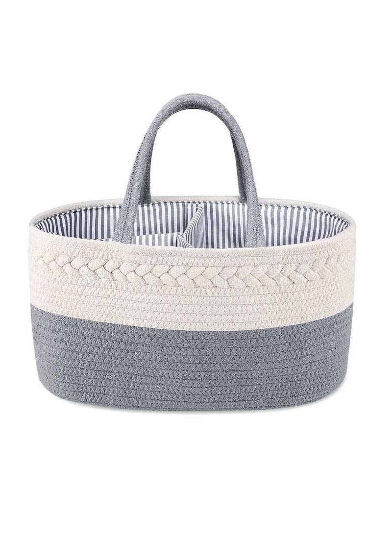MIXDE Baby Diaper Caddy, Diaper Basket with Divider, Convenient Nursery Storage Box, Rope Diaper Box Organizer for Diapers, Changing Table Diaper Organizer (Grey & White)  - Image 1