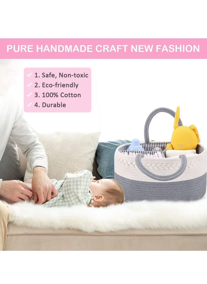 MIXDE Baby Diaper Caddy, Diaper Basket with Divider, Convenient Nursery Storage Box, Rope Diaper Box Organizer for Diapers, Changing Table Diaper Organizer (Grey & White)  - Image 2