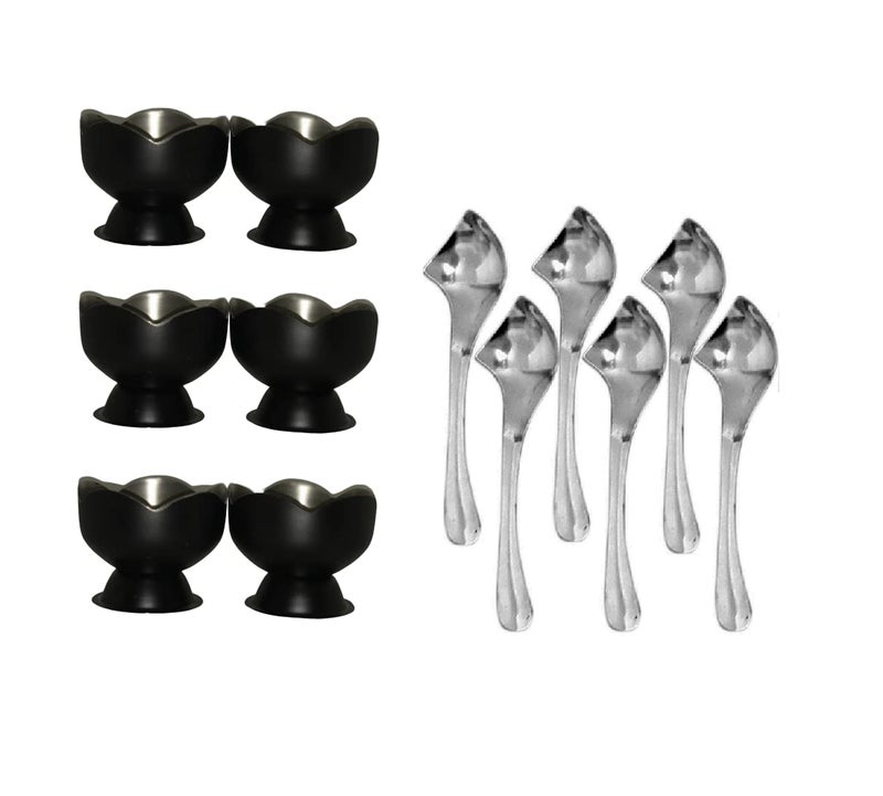 Dynore Stainless Steel 6 pcs Lotus ice Cream Cups/Soup Bowl with 6 Dessert Spoons- Black - Image 1