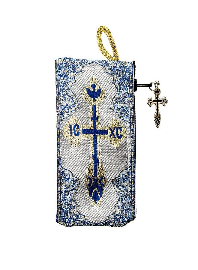 Intercession Hand-Woven, Lined Madonna and Child Rosary Pouch, Made in Turkey with Premium Metallic Thread (Blue - Small) - Image 2