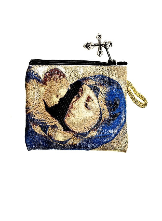 Intercession Hand-Woven, Lined Madonna and Child Rosary Pouch, Made in Turkey with Premium Metallic Thread (Blue - Small) - Image 5