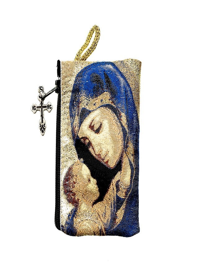 Intercession Hand-Woven, Lined Madonna and Child Rosary Pouch, Made in Turkey with Premium Metallic Thread (Blue - Small) - Image 1