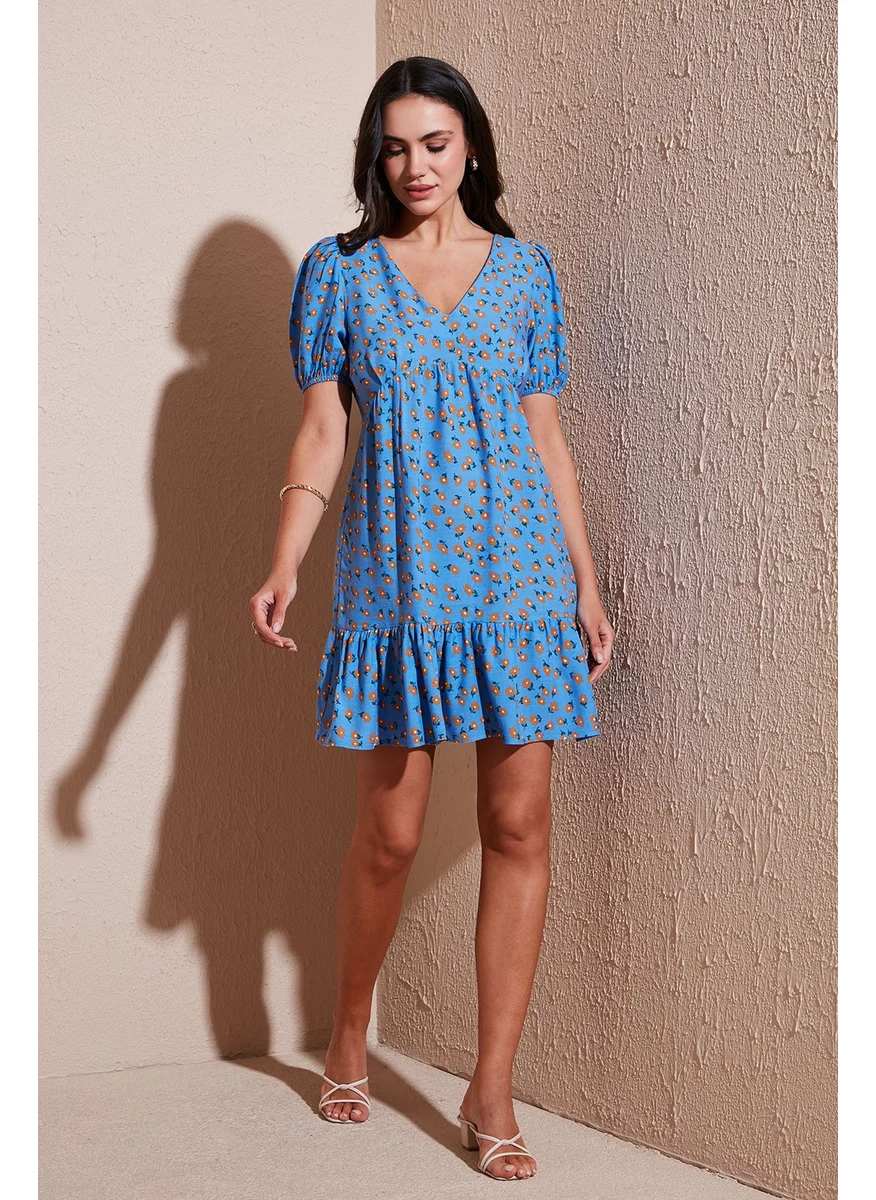 Lela Regular Fit V Neck Balloon Sleeve Patterned Mini Dress Women's Dress 67810045