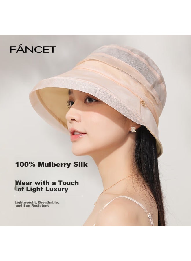 Fancet Mulberry Silk Sun Hat Elegant Rolled Brim Lightweight Genuine Silk Sun Protection Bucket Hat Birthday Gift For Elders - Image 1
