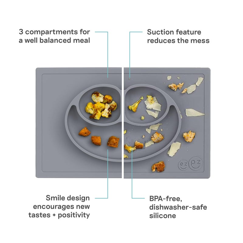 ezpz Happy Mat (Gray) - 24 Months+ - 100% Silicone Suction Placemat + Divided Plate with Three Compartments - Toddler + Preschool Essentials - Image 2