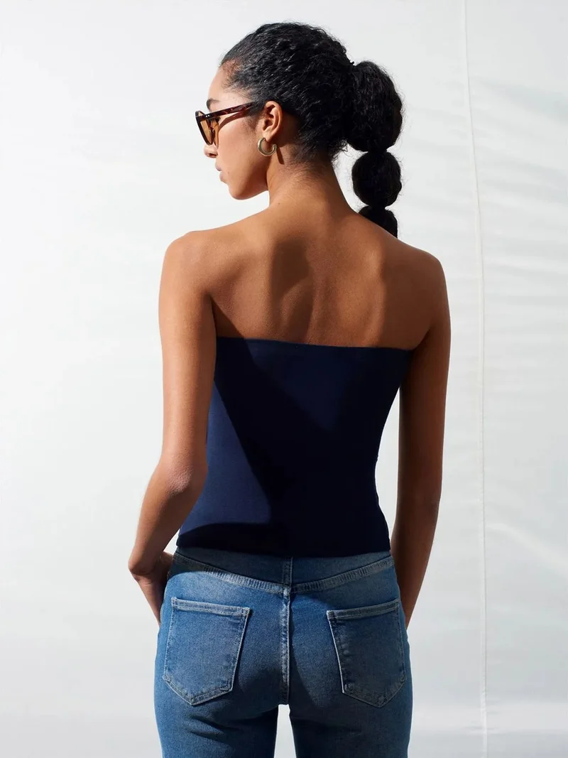 ديلفين Dilvin Strapless Slim-Fit Jersey Blouse With Tie Detail