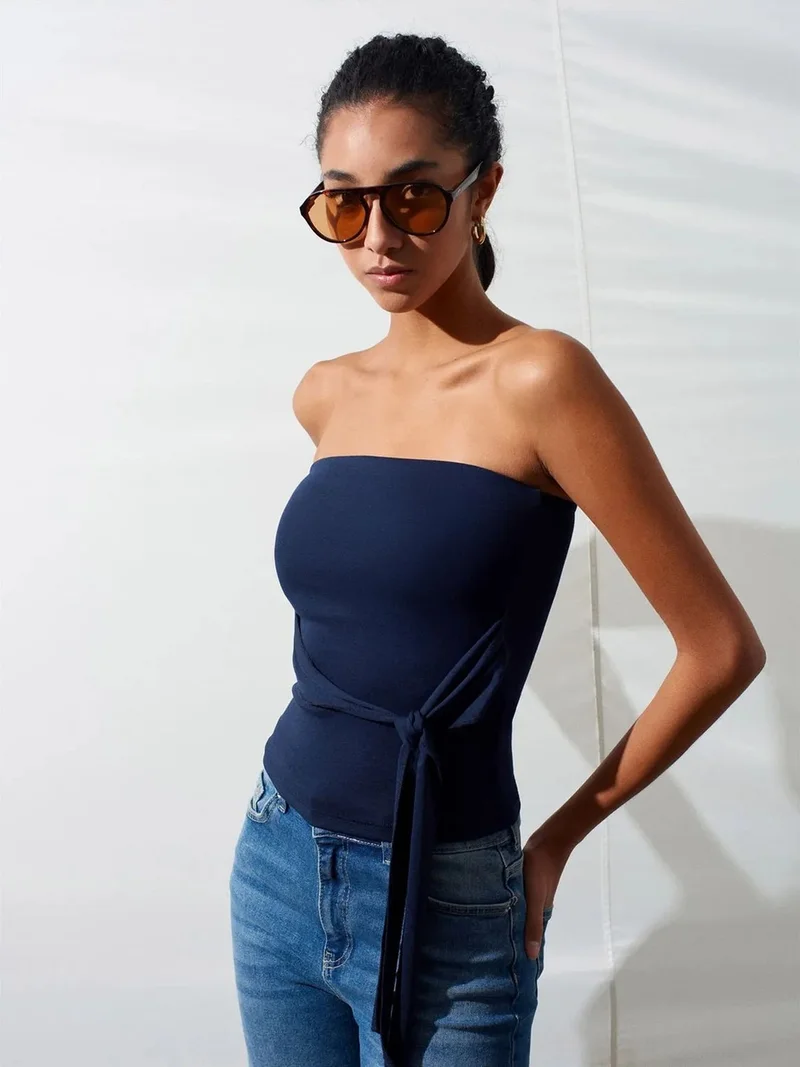 ديلفين Dilvin Strapless Slim-Fit Jersey Blouse With Tie Detail