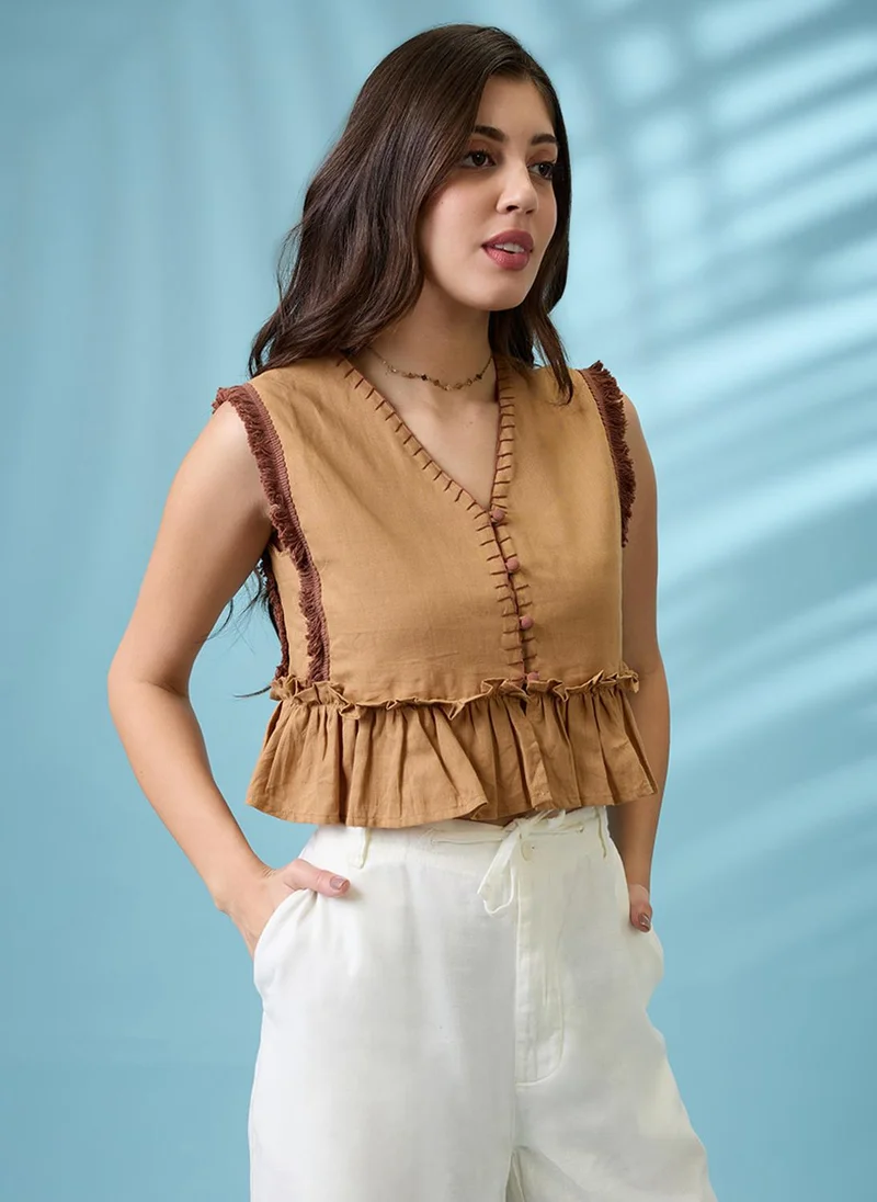 globus Globus Women Beige V-Neck Thread Work Detail & Lace Inserts Pleated Crop Top