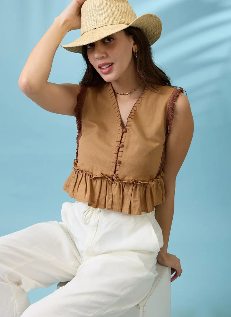 globus Globus Women Beige V-Neck Thread Work Detail & Lace Inserts Pleated Crop Top