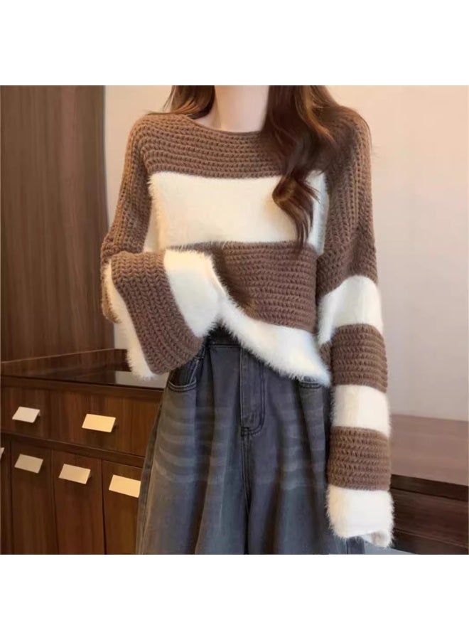 Vintage Contrast Color Striped Patchwork Loose Knitted Sweaters Autumn Female Round Collar Long Sleeve Knitwear Pullovers