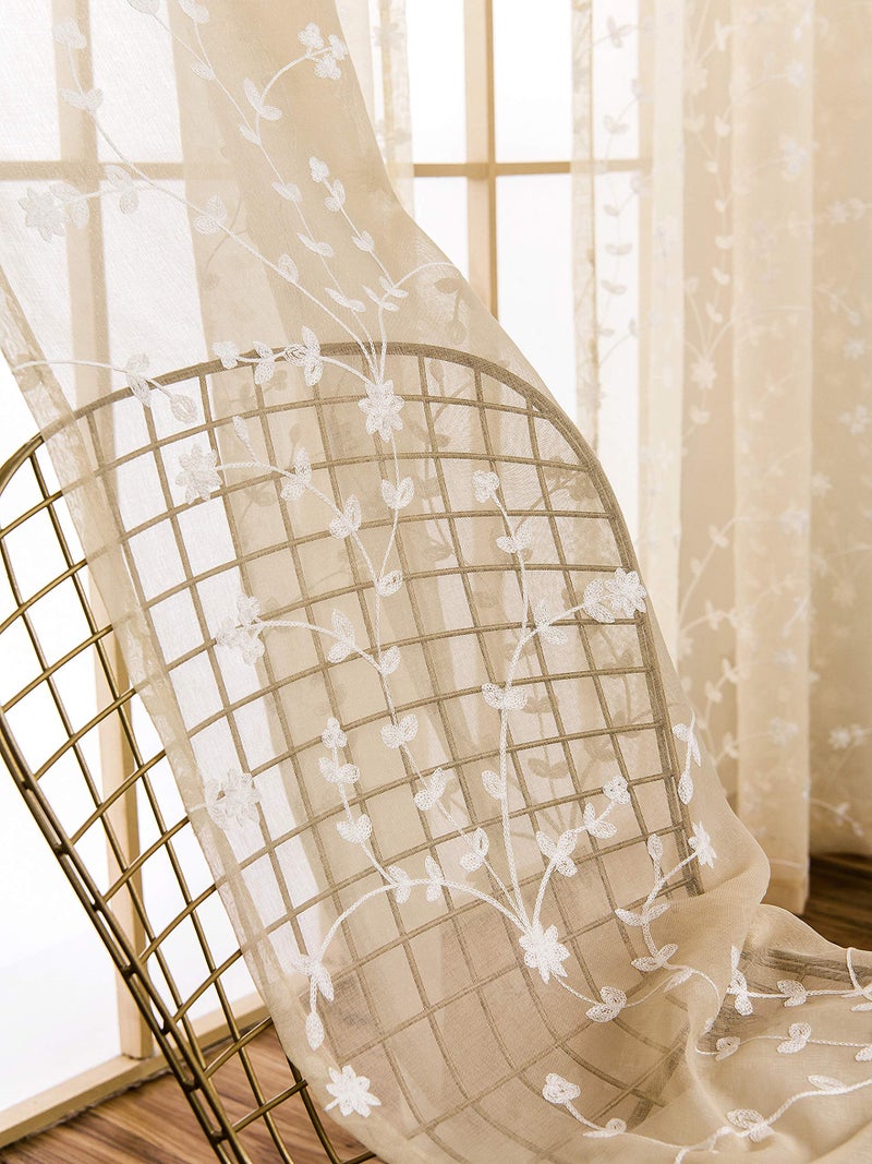 AmHoo 2 Panels Leaf Flora Embroidered Farmhouse Semi Sheer Curtain Voile Curtains for Living Room Bedroom Window Treatment Taupe 53 x 84 Inch