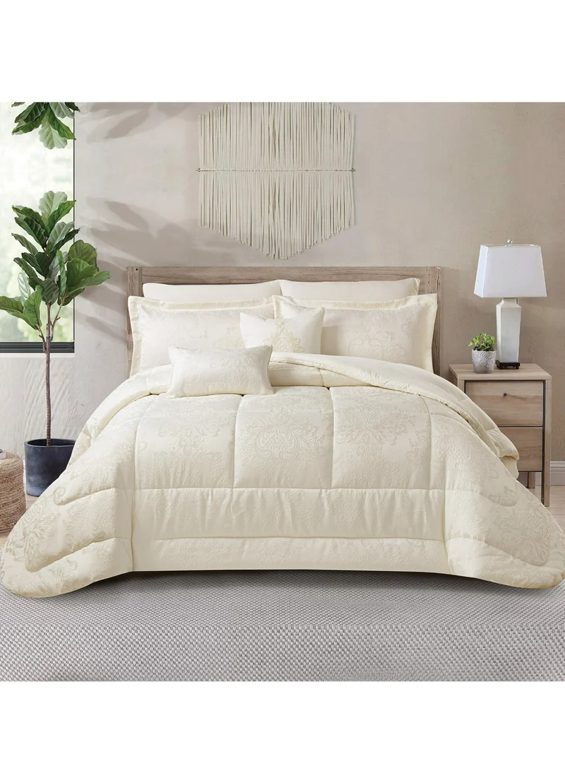 Donetella Bedding Comforter Set 5-Pcs Single Size Solid Jacquard Embroidery Bed Set Fits (120 x 200 CM) With 350GSM Poly Silk FIlling, Off-White