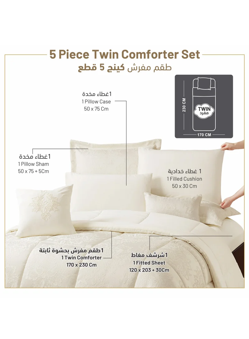 Donetella Bedding Comforter Set 5-Pcs Single Size Solid Jacquard Embroidery Bed Set Fits (120 x 200 CM) With 350GSM Poly Silk FIlling, Off-White