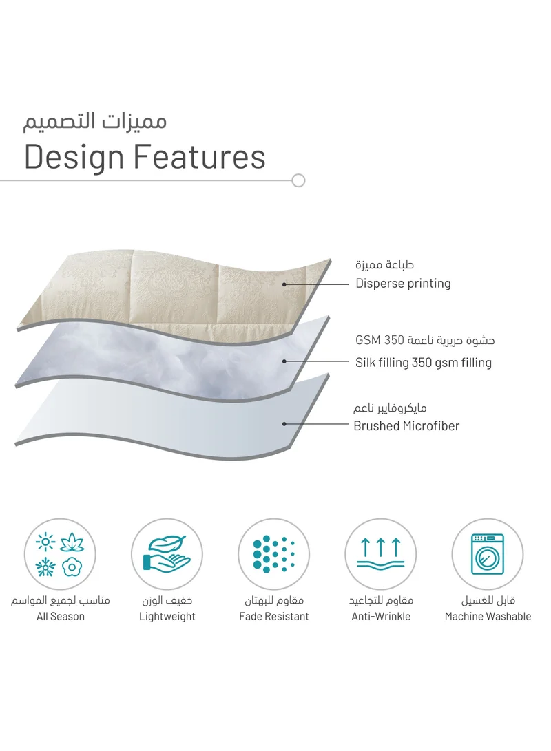 Donetella Bedding Comforter Set 5-Pcs Single Size Solid Jacquard Embroidery Bed Set Fits (120 x 200 CM) With 350GSM Poly Silk FIlling, Off-White