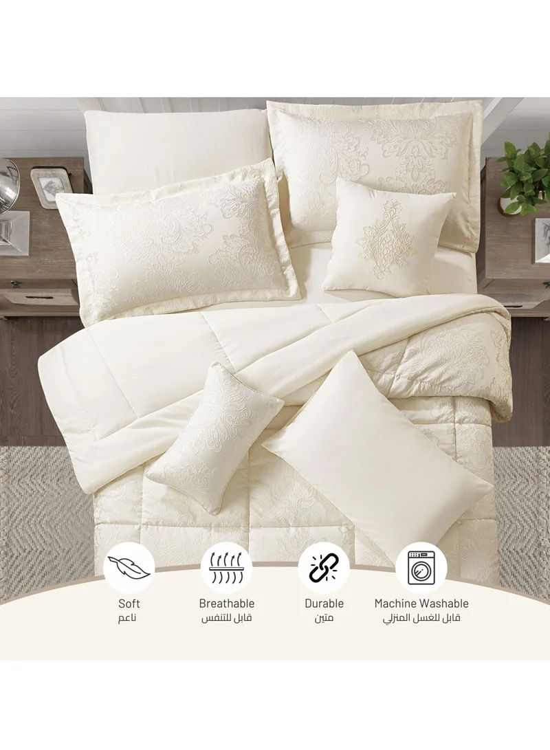 Donetella Bedding Comforter Set 5-Pcs Single Size Solid Jacquard Embroidery Bed Set Fits (120 x 200 CM) With 350GSM Poly Silk FIlling, Off-White