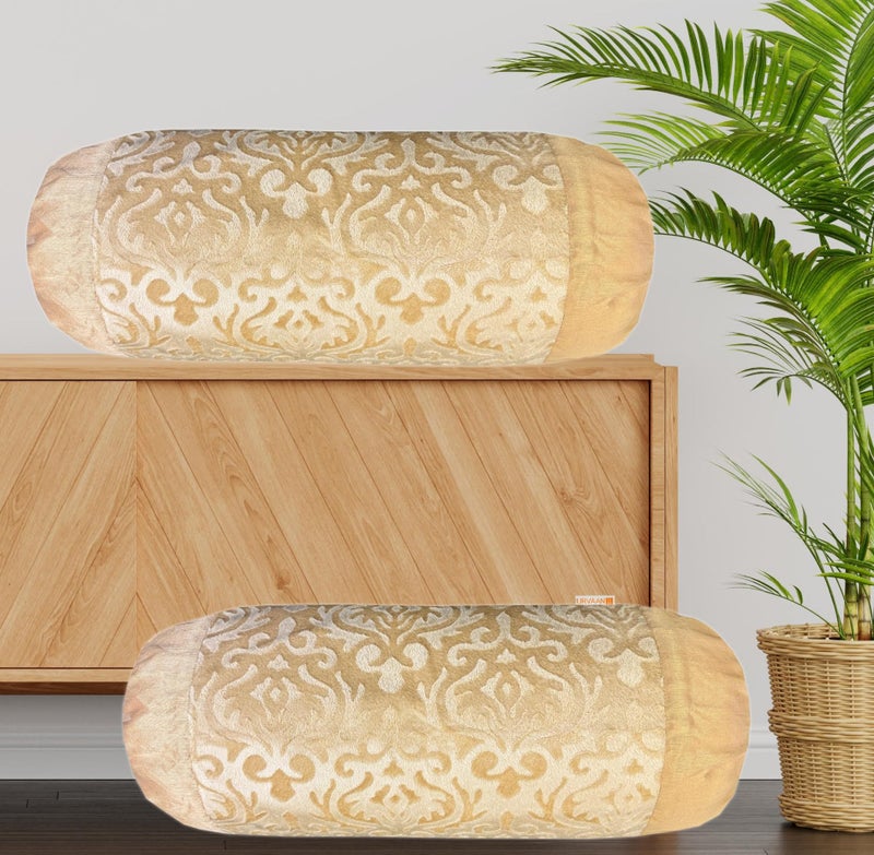 Urvaan Velvet Diwan Bolster Pillow Covers, Set of 2, 16X32 Inch, Beige Cream - Image 1