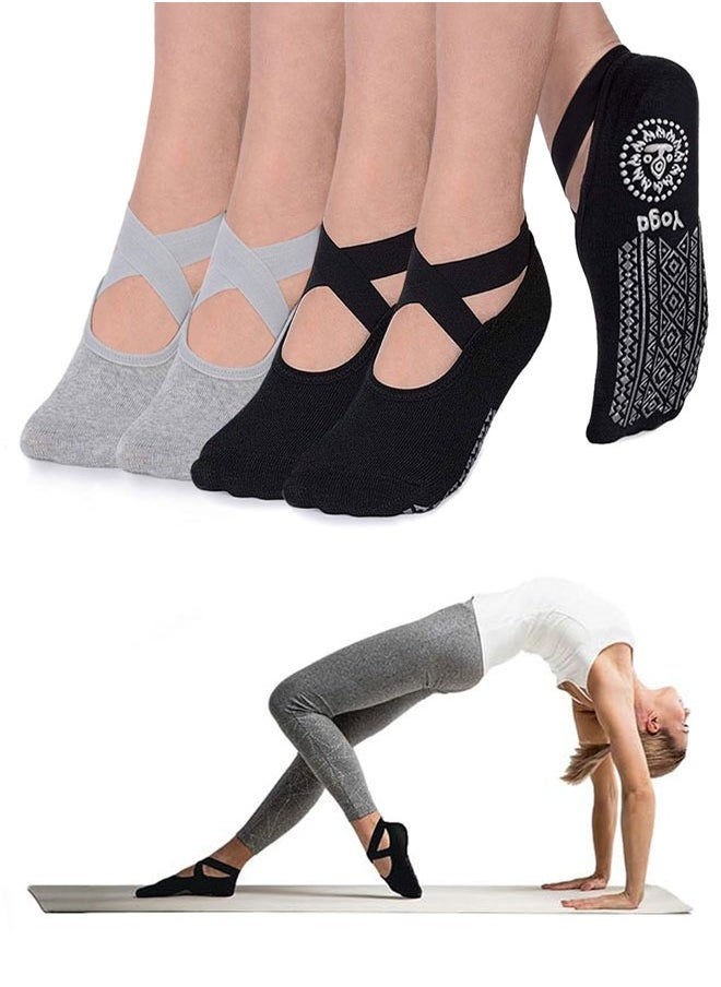 HAWAWA 4 Pairs Cotton Yoga Socks Non-Slip Grips for Women , Anti Slip Socks Socks with Straps For Yoga,Pilates,Ballet,Dance,Workout (Black and Light Grey)  - Image 1