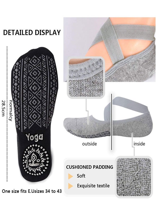HAWAWA 4 Pairs Cotton Yoga Socks Non-Slip Grips for Women , Anti Slip Socks Socks with Straps For Yoga,Pilates,Ballet,Dance,Workout (Black and Light Grey)  - Image 3
