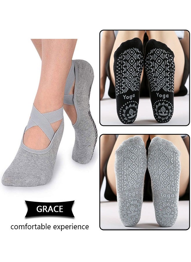 HAWAWA 4 Pairs Cotton Yoga Socks Non-Slip Grips for Women , Anti Slip Socks Socks with Straps For Yoga,Pilates,Ballet,Dance,Workout (Black and Light Grey)  - Image 5