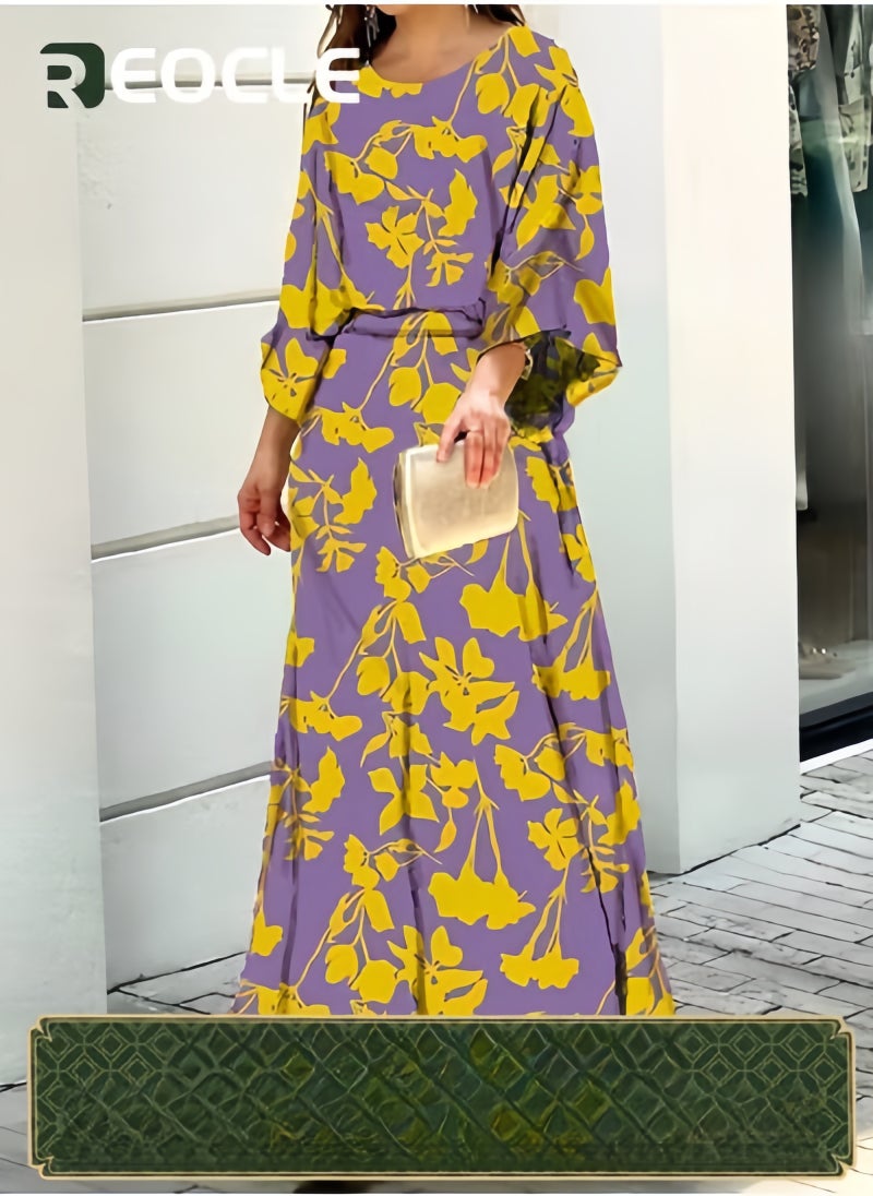ريوكل طقم نسائي مكون من قطعتين بطبعة عصرية، بلوزة مطبوعة برقبة دائرية، تنورة طويلة، خصر مرتفع، فساتين صيفية، ملابس كاجوال، بدلة صيفية فضفاضة بمقاس كبير - Image 1