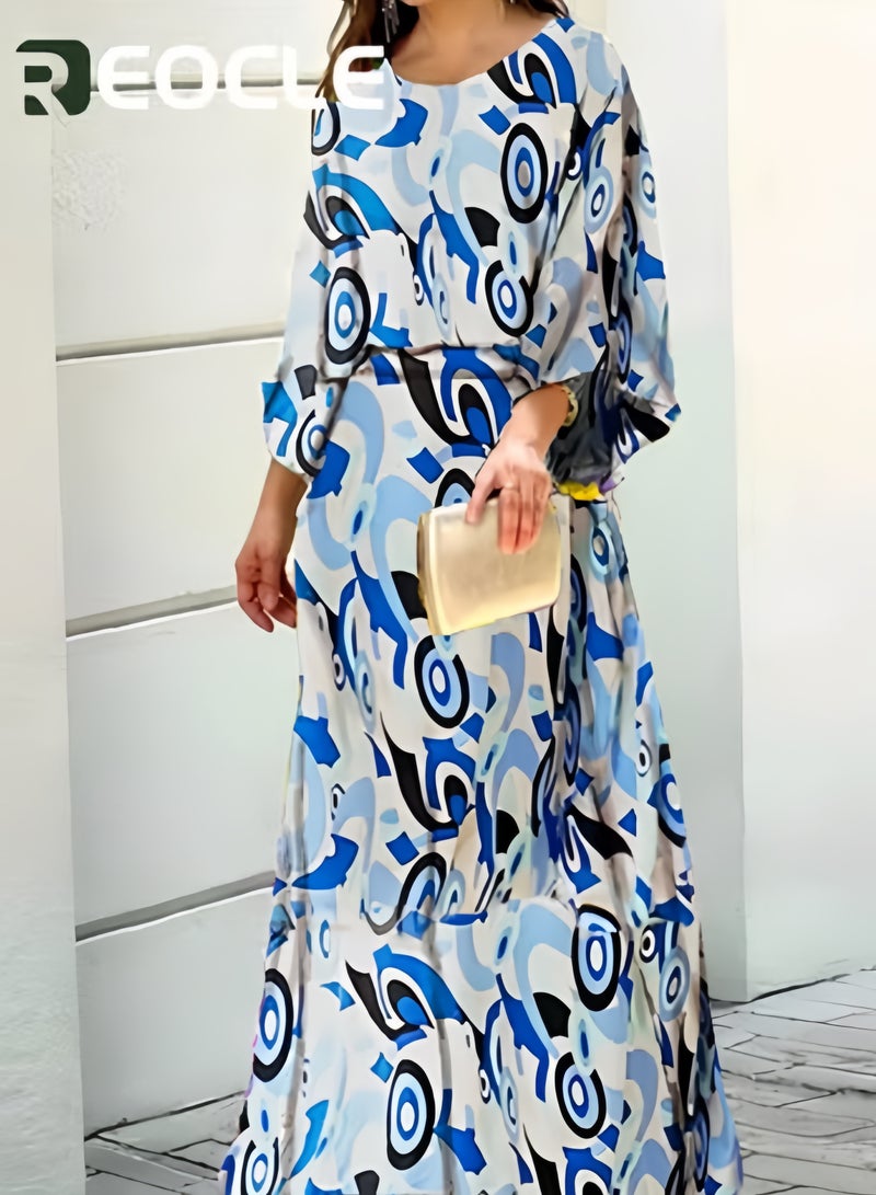 ريوكل طقم نسائي مكون من قطعتين بطبعة عصرية، بلوزة مطبوعة برقبة دائرية، تنورة طويلة، خصر مرتفع، فساتين صيفية، ملابس كاجوال، بدلة صيفية فضفاضة بمقاس كبير - Image 5