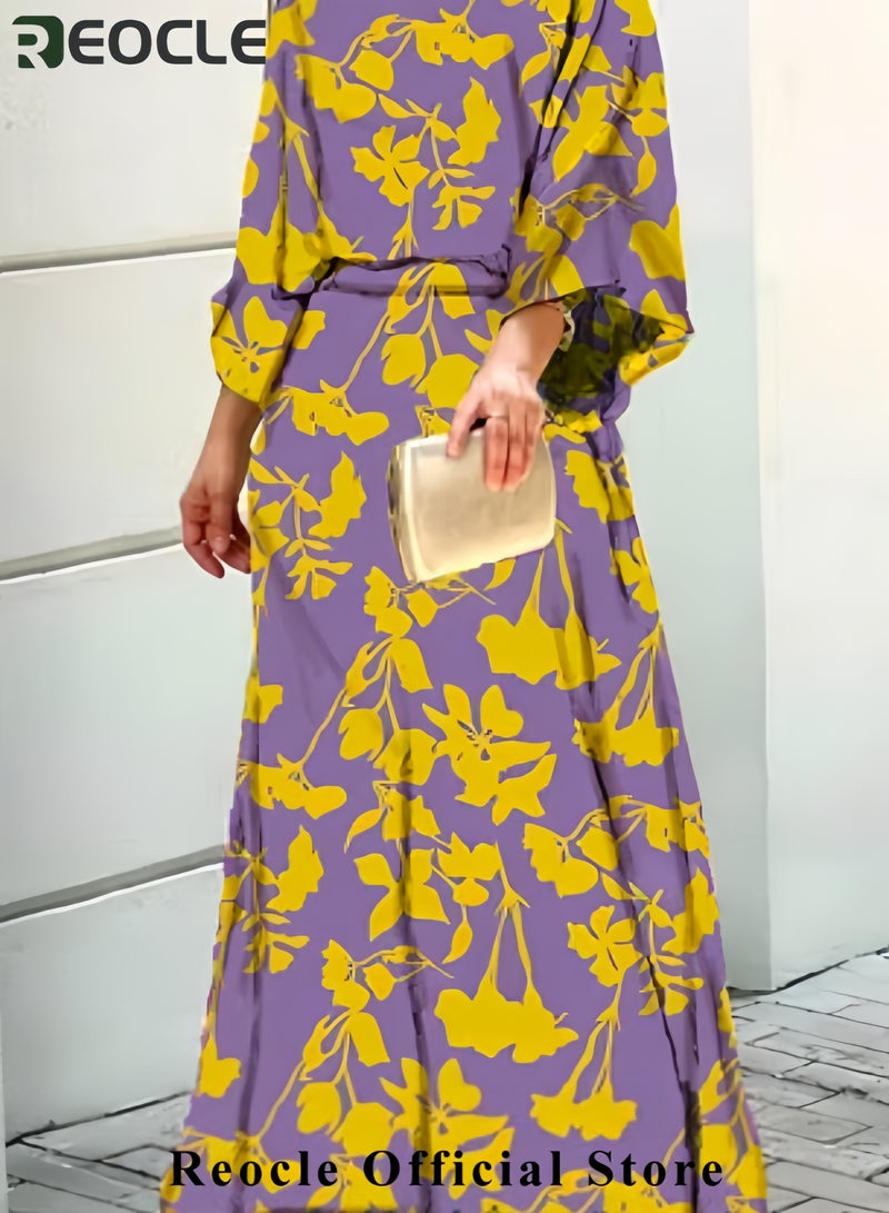 ريوكل طقم نسائي مكون من قطعتين بطبعة عصرية، بلوزة مطبوعة برقبة دائرية، تنورة طويلة، خصر مرتفع، فساتين صيفية، ملابس كاجوال، بدلة صيفية فضفاضة بمقاس كبير - Image 2