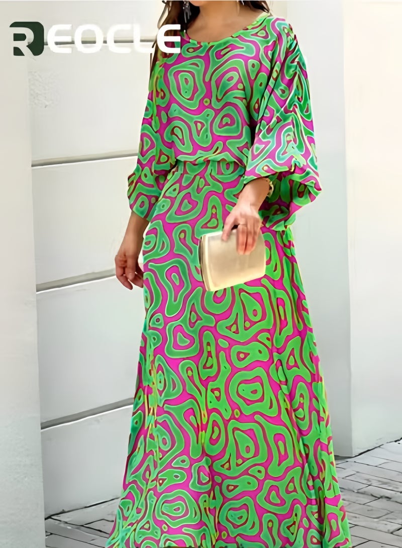 ريوكل طقم نسائي مكون من قطعتين بطبعة عصرية، بلوزة مطبوعة برقبة دائرية، تنورة طويلة، خصر مرتفع، فساتين صيفية، ملابس كاجوال، بدلة صيفية فضفاضة بمقاس كبير - Image 3