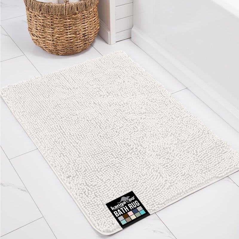 KANGAROO Bathroom Rugs, Chenille Soft Absorbent Bath Rug, Shaggy Shower Mat, Quick Dry Machine Wash Bathmat, Plush Carpet Mats for Tub, Bathtub and Room Home Decor Accessories, 42x24, White - Image 1