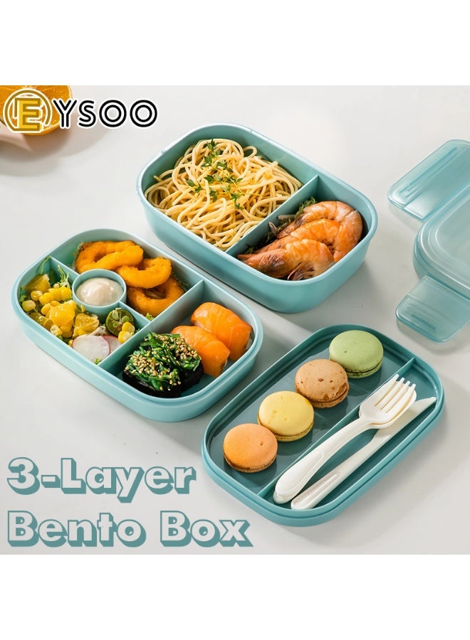 EYSOO 3-Layer Bento Lunch Box With 8 Compartments - 1900ml Capacity, Cutlery Included, Microwave & Dishwasher Safe, Leakproof, BPA Free for Kids and Adults - Image 2