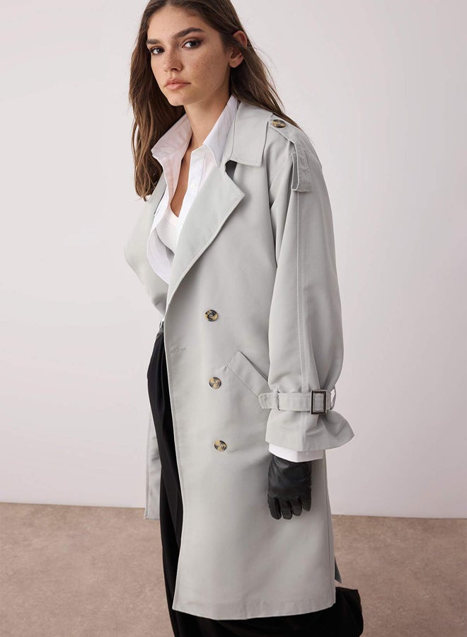 trendyol Grey Oversize Wide-Cut Belted Water-repellent Long Trench Coat - Image 2